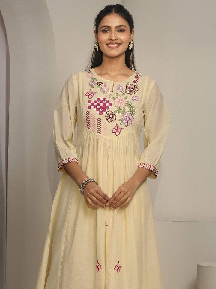 Libas Off White Floral Embroidered Cotton A-Line Suit Set