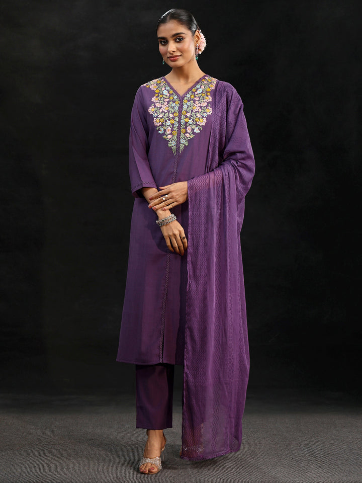 Libas Purple Floral Embroidered Yoke Design Silk Blend Straight Suit Set