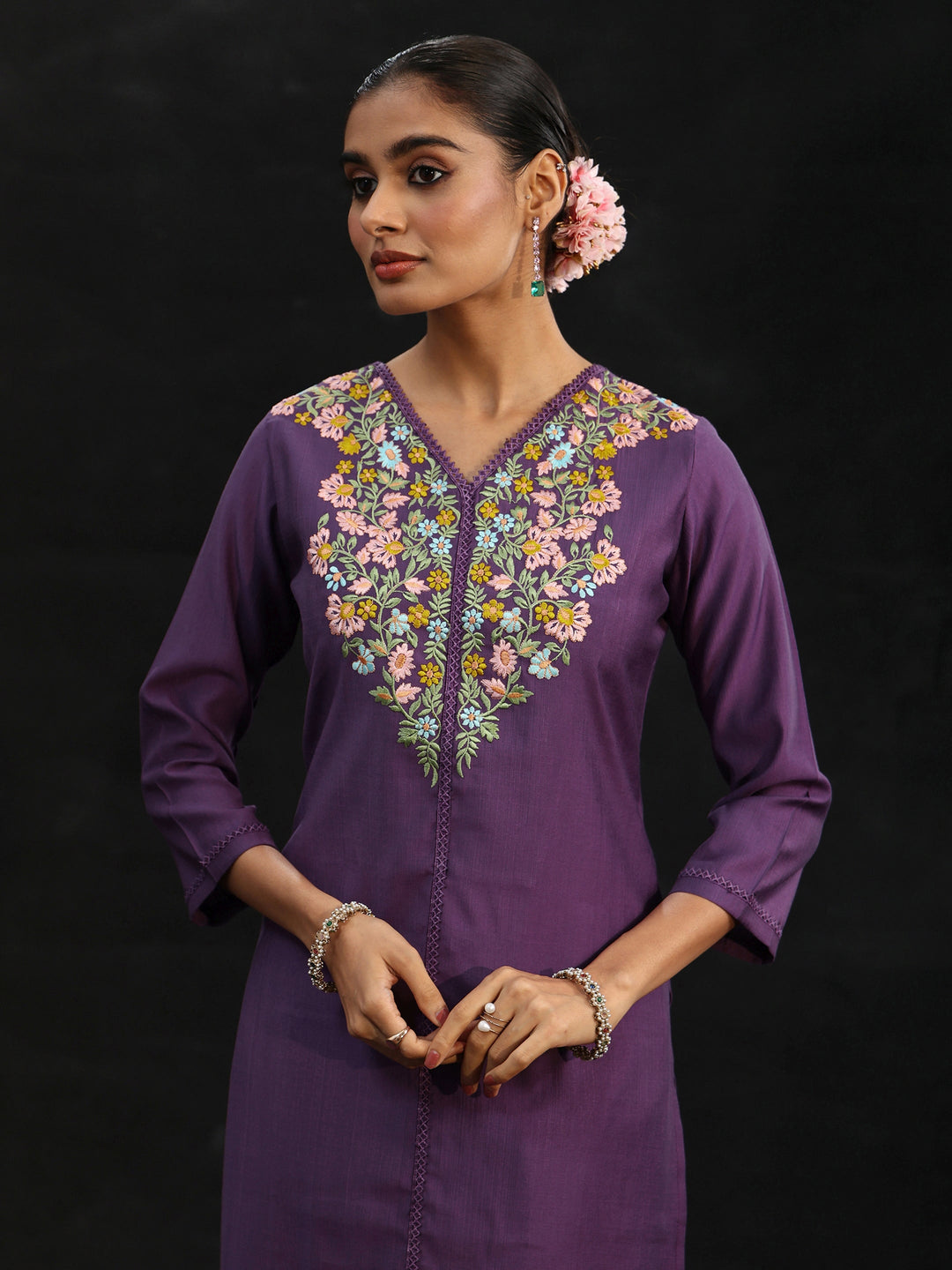 Libas Purple Floral Embroidered Yoke Design Silk Blend Straight Suit Set