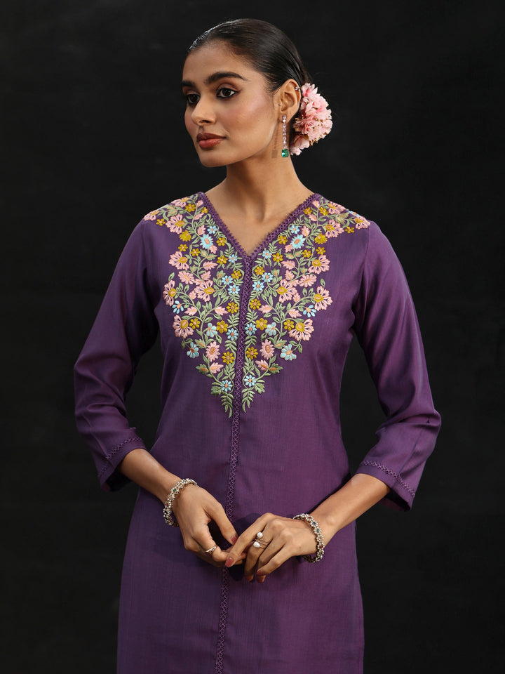 Libas Purple Floral Embroidered Yoke Design Silk Blend Straight Suit Set