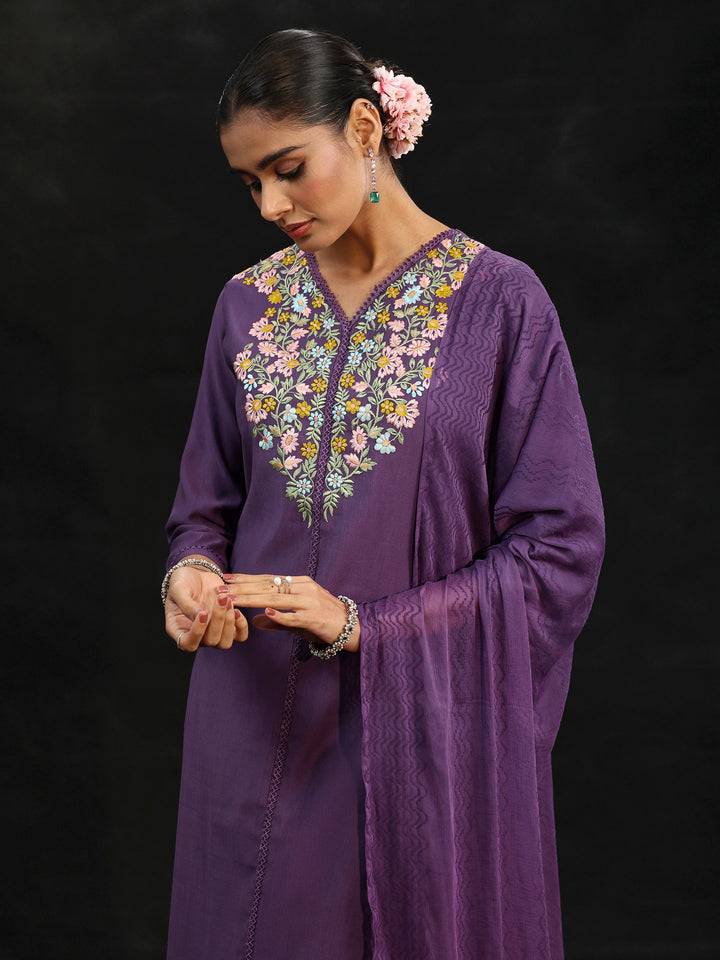 Libas Purple Floral Embroidered Yoke Design Silk Blend Straight Suit Set