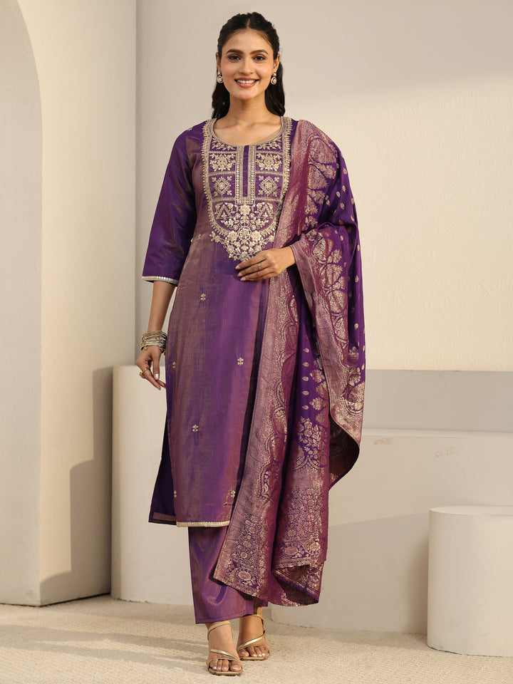 Libas Purple Floral Embellished Silk Blend Straight Suit Set