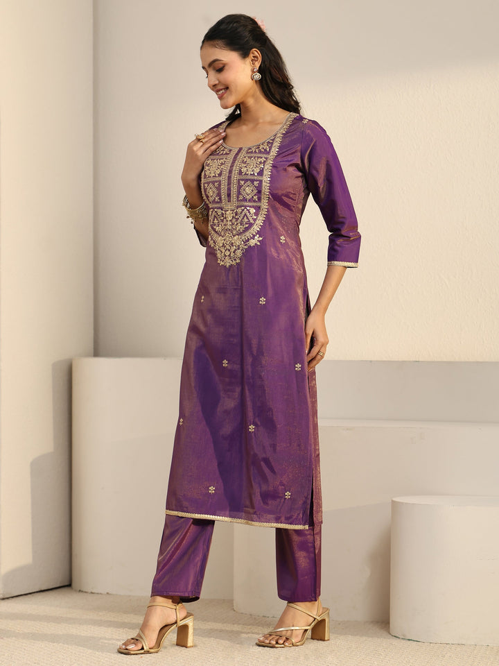 Libas Purple Floral Embellished Silk Blend Straight Suit Set