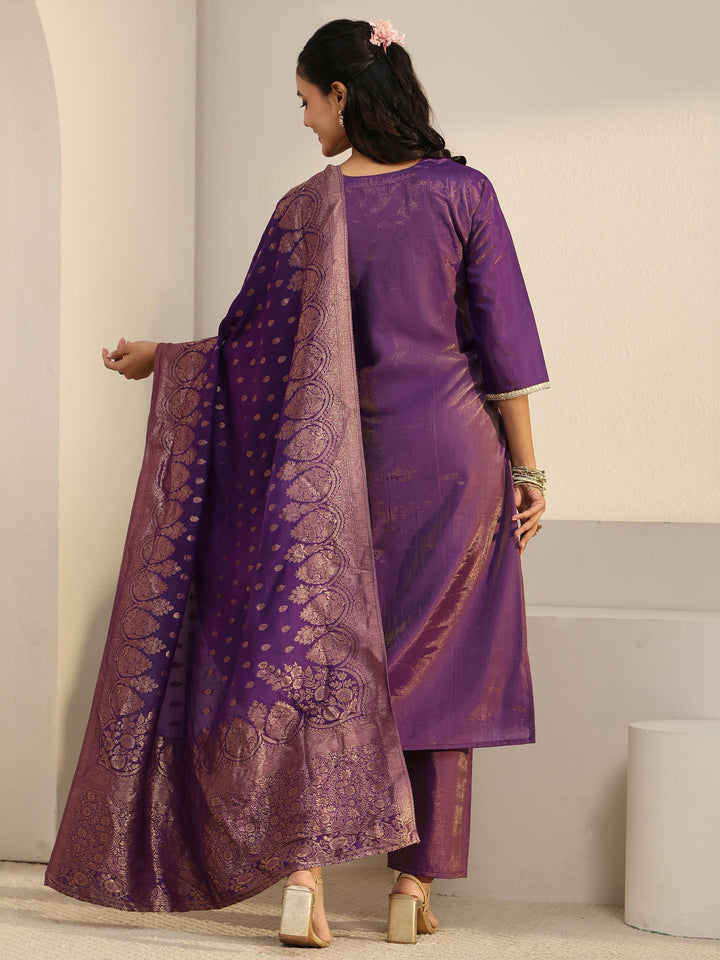 Libas Purple Floral Embellished Silk Blend Straight Suit Set