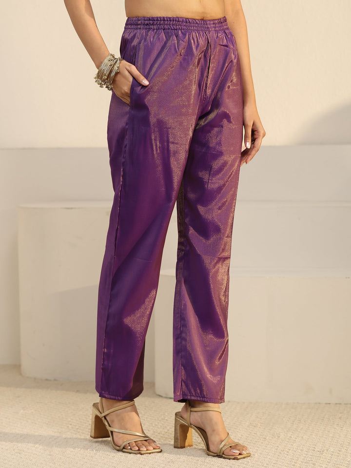 Libas Purple Floral Embellished Silk Blend Straight Suit Set
