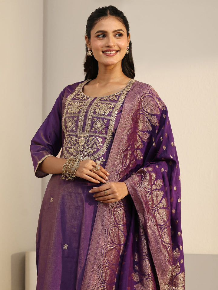 Libas Purple Floral Embellished Silk Blend Straight Suit Set
