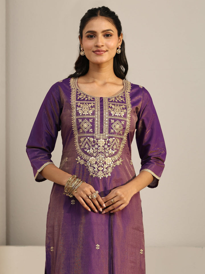 Libas Purple Floral Embellished Silk Blend Straight Suit Set