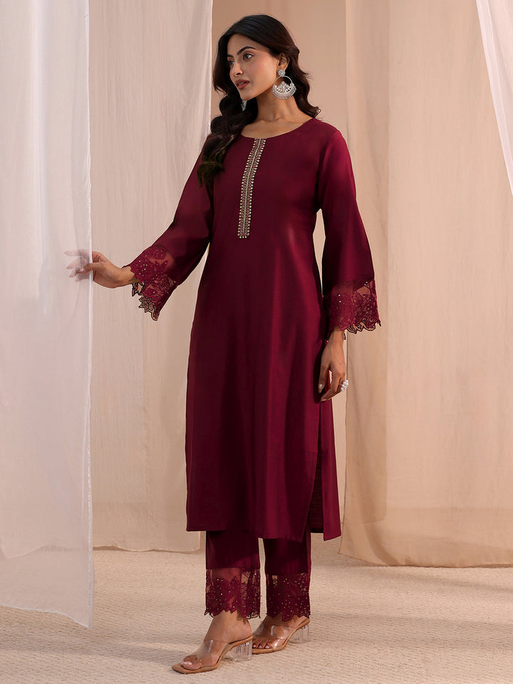 Libas Maroon Solid Silk Blend Straight Kurta Set