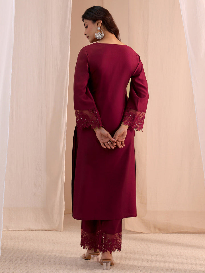 Libas Maroon Solid Silk Blend Straight Kurta Set