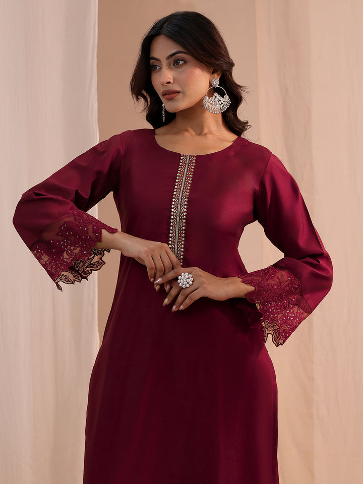 Libas Maroon Solid Silk Blend Straight Kurta Set
