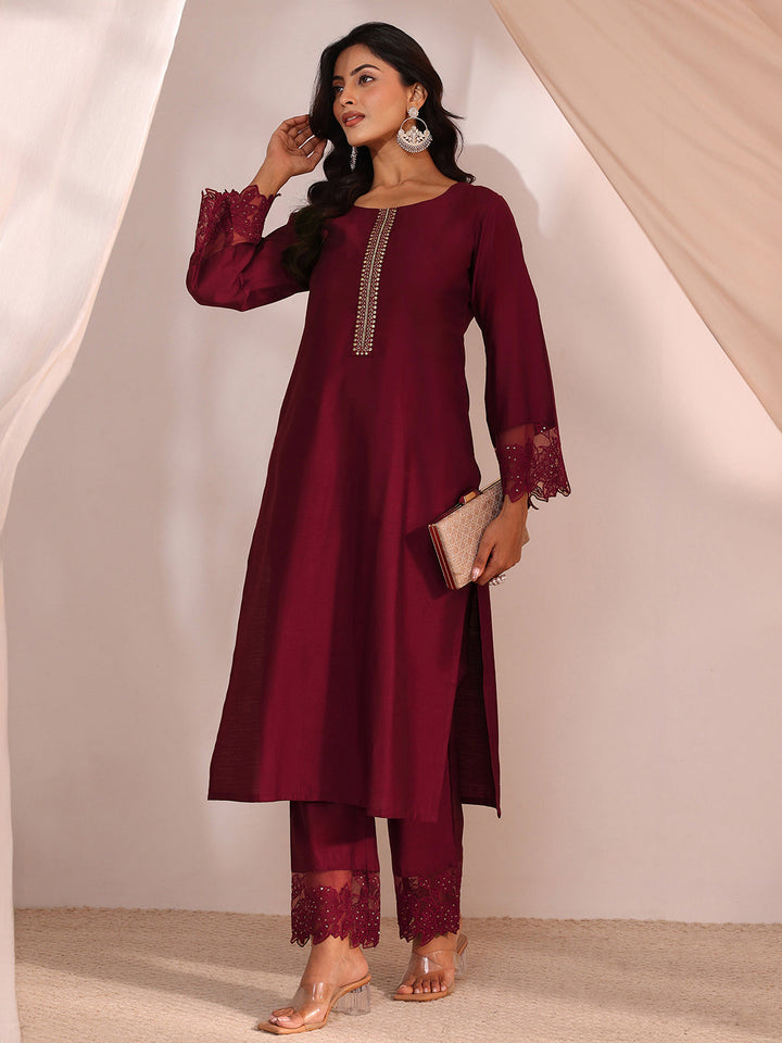 Libas Maroon Solid Silk Blend Straight Kurta Set