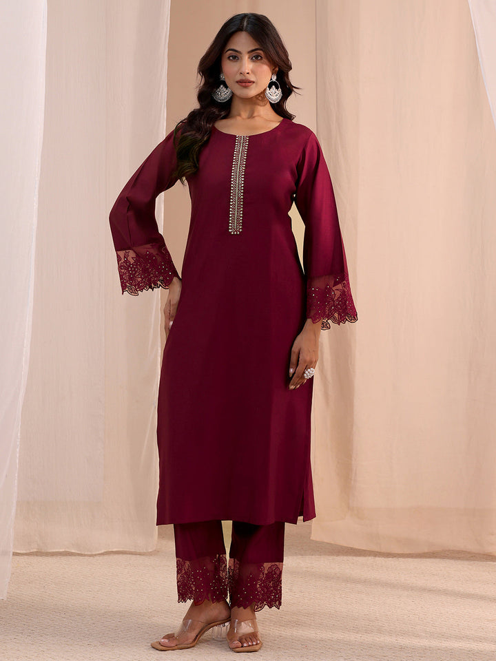 Libas Maroon Solid Silk Blend Straight Kurta Set