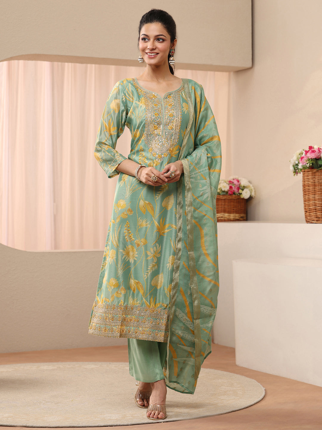 Green Floral Printed Chinon Straight Suit Set