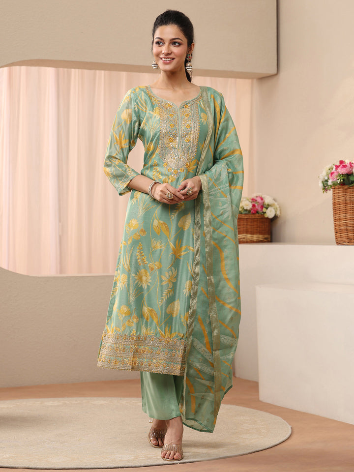 Green Floral Printed Chinon Straight Suit Set