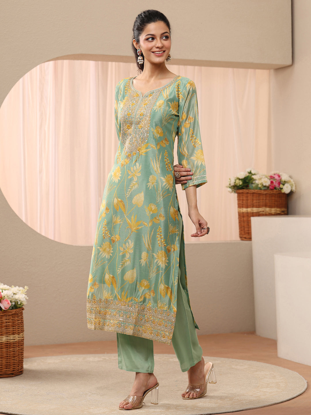 Green Floral Printed Chinon Straight Suit Set