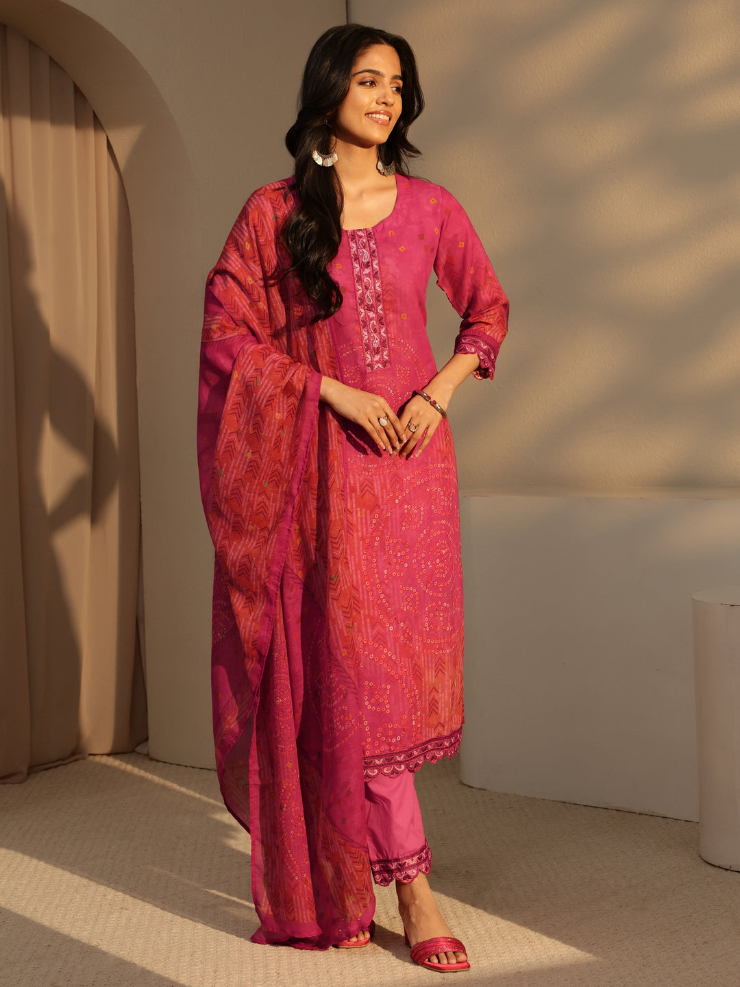 Libas Pink Bandhani Print Straight Cotton Suit Set