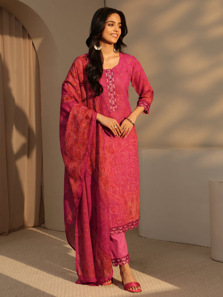 Libas Pink Bandhani Print Straight Cotton Suit Set