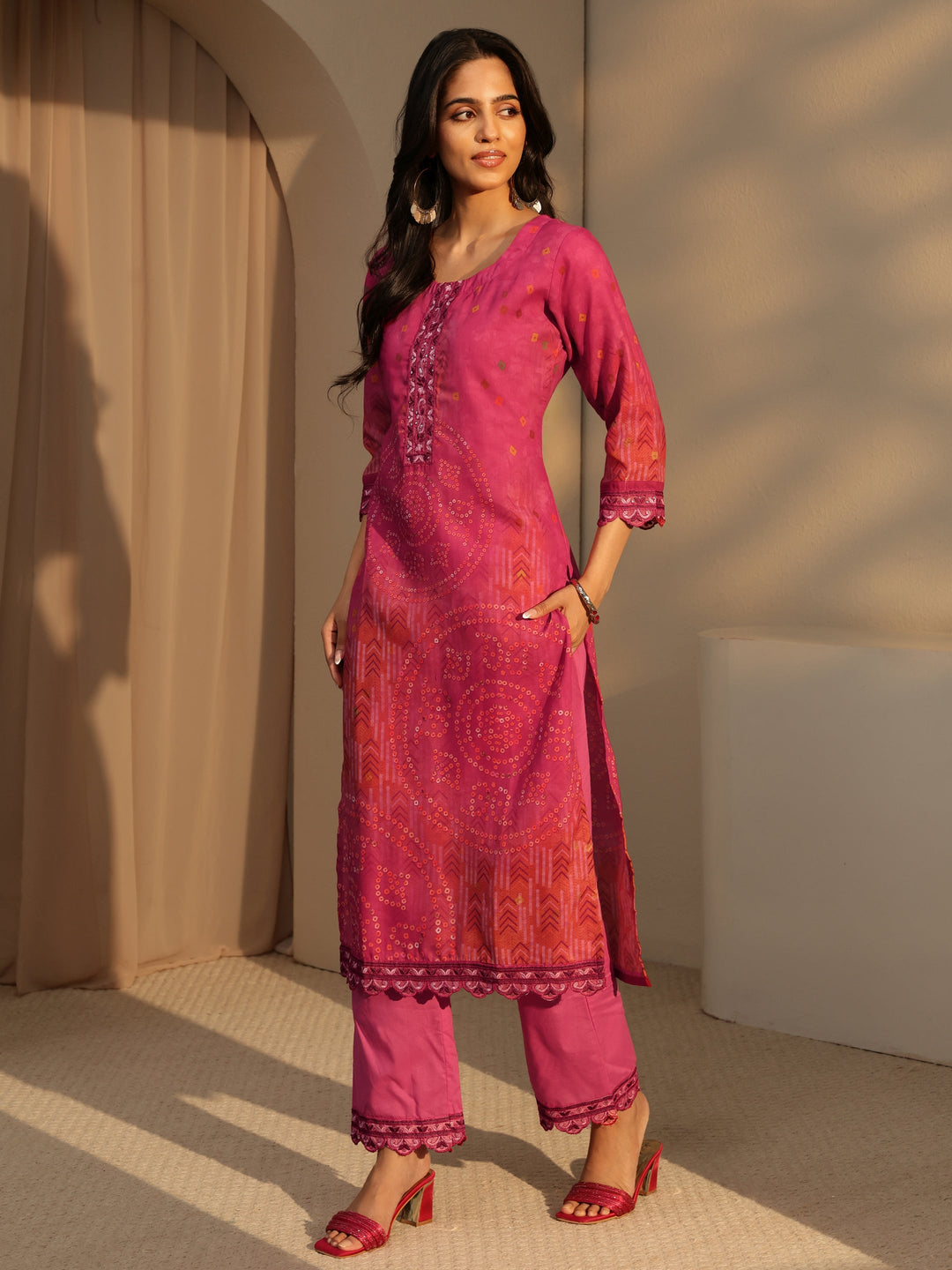 Libas Pink Bandhani Print Straight Cotton Suit Set
