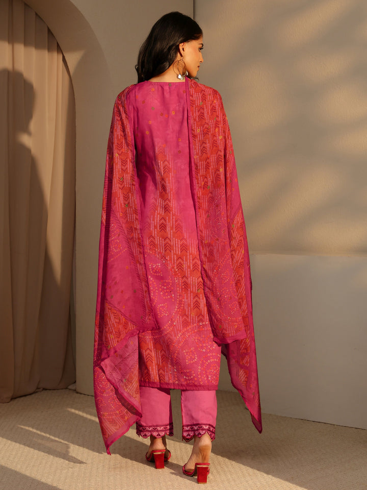 Libas Pink Bandhani Print Straight Cotton Suit Set