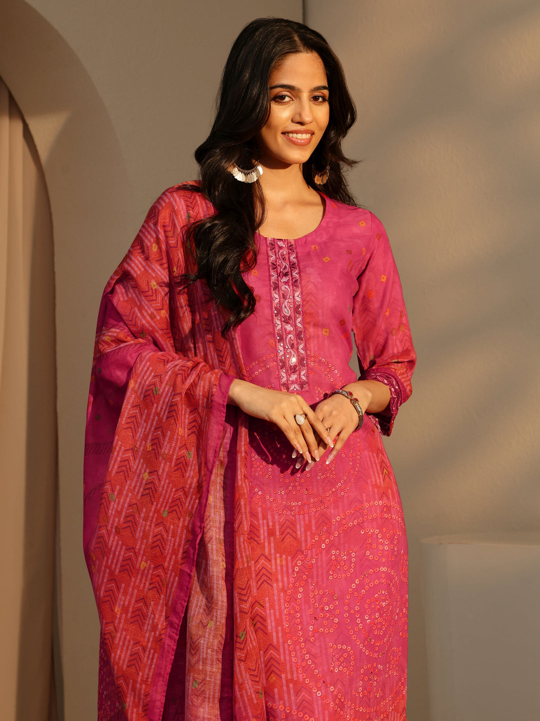 Libas Pink Bandhani Print Straight Cotton Suit Set