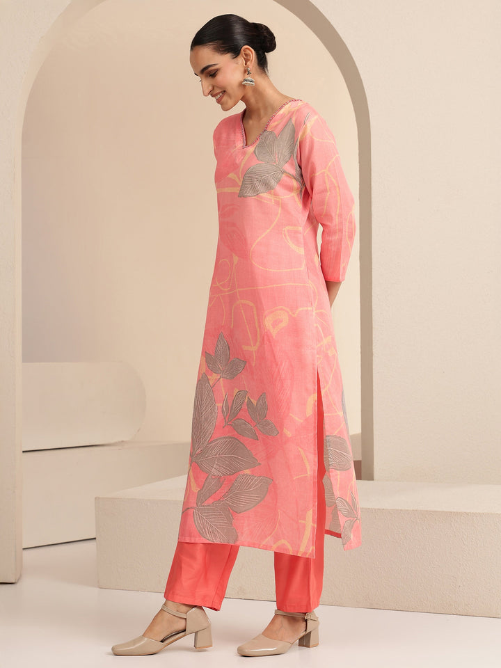 Libas Pink Floral Printed Cotton Straight Suit Set