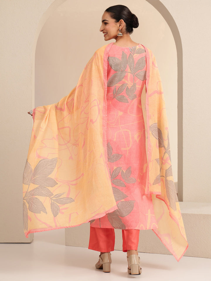 Libas Pink Floral Printed Cotton Straight Suit Set