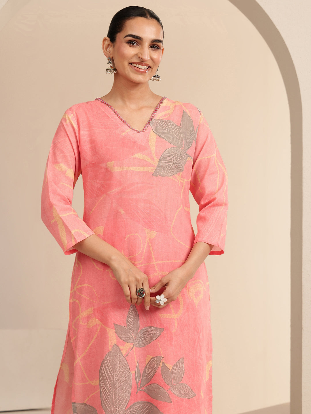 Libas Pink Floral Printed Cotton Straight Suit Set