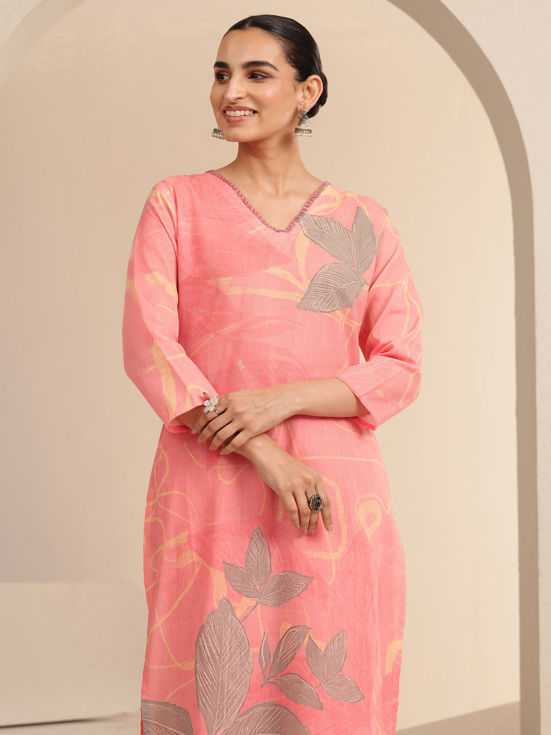 Libas Pink Floral Printed Cotton Straight Suit Set