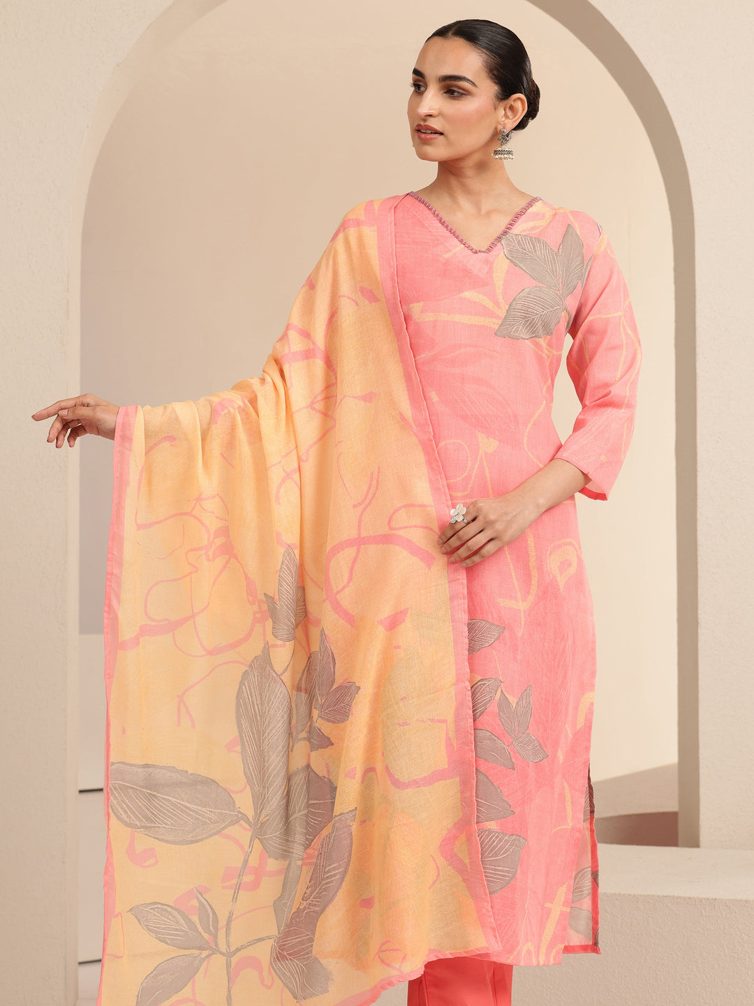 Libas Pink Floral Printed Cotton Straight Suit Set
