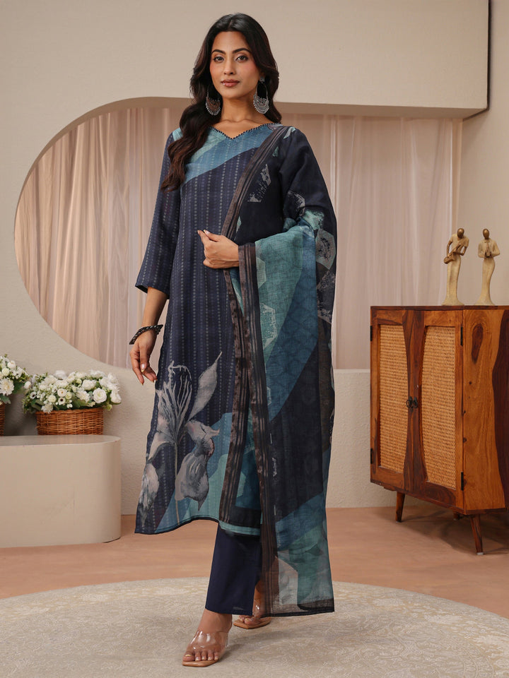 Blue Floral Printed Linen Straight Suit Set