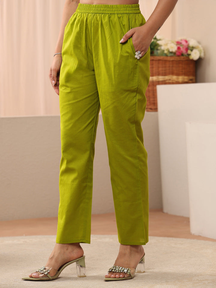 Green Floral Printed Linen Straight Suit Set