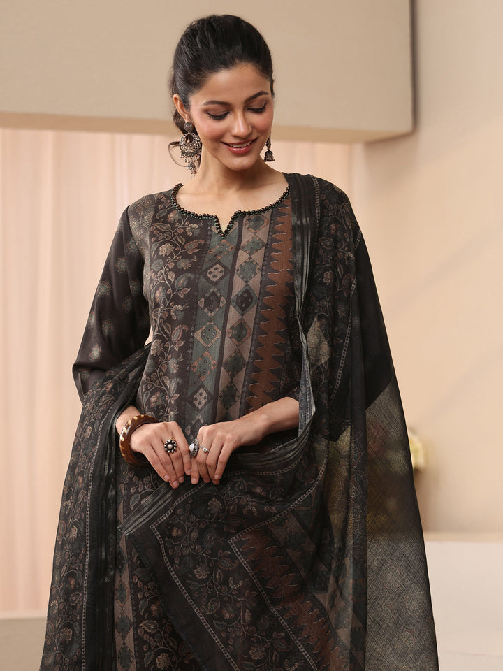 Black Ethnic Printed Linen Straight Suit Set