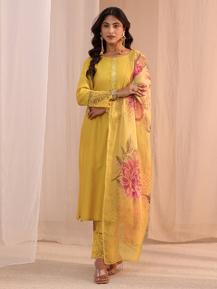 Libas Yellow Solid Silk Blend Straight Suit Set