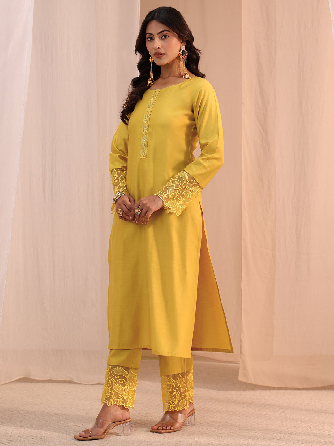 Libas Yellow Solid Silk Blend Straight Suit Set