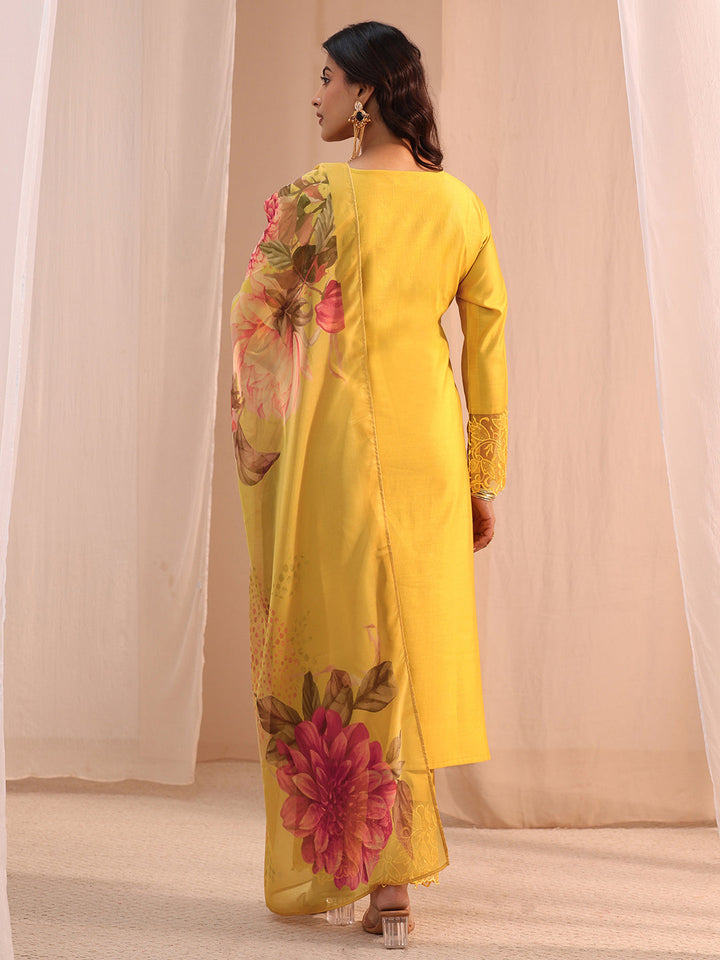 Libas Yellow Solid Silk Blend Straight Suit Set
