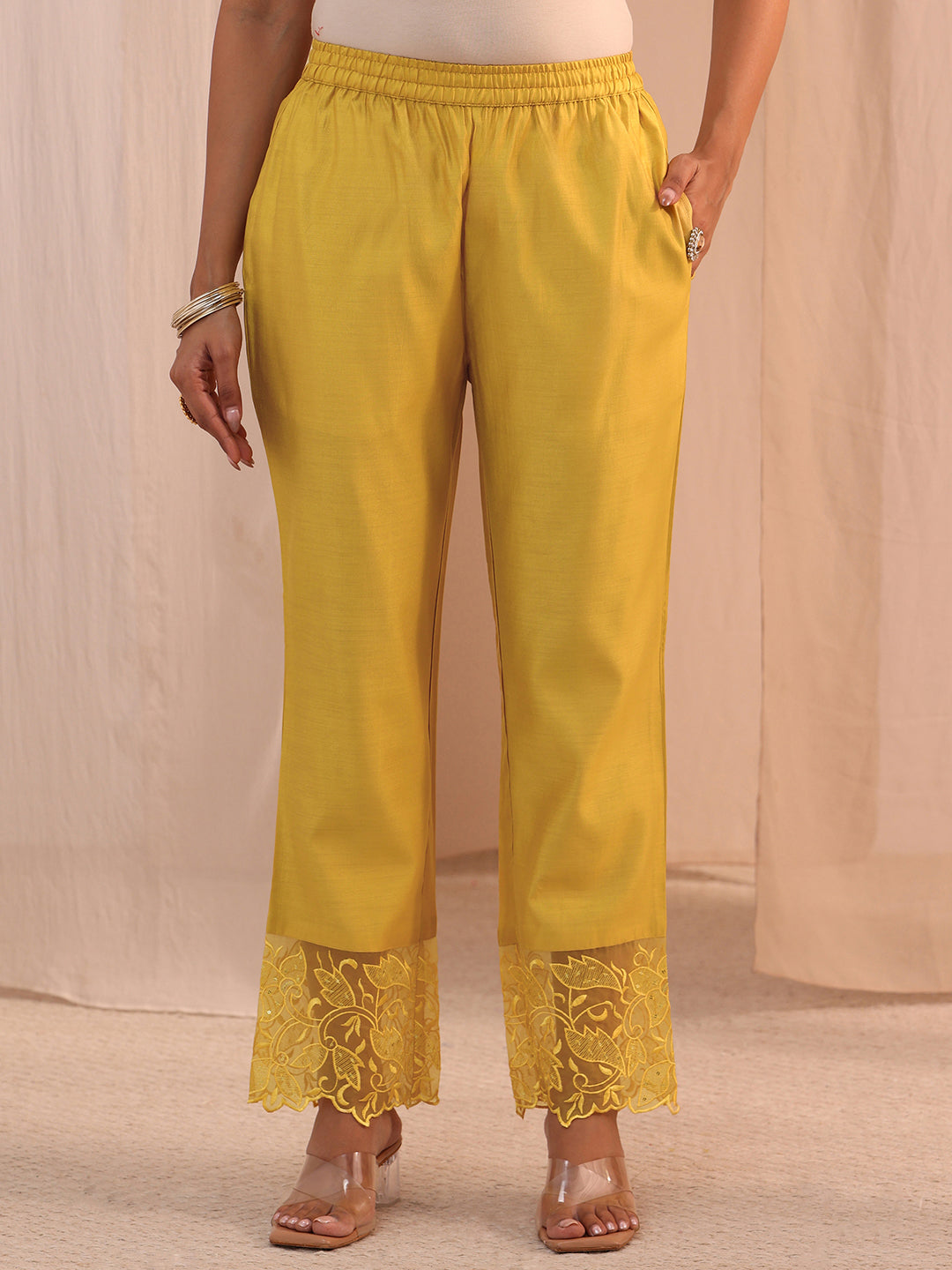 Libas Yellow Solid Silk Blend Straight Suit Set