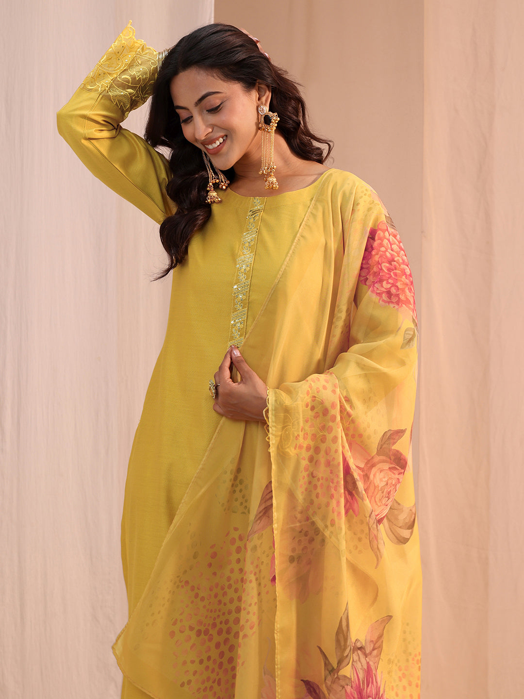 Libas Yellow Solid Silk Blend Straight Suit Set