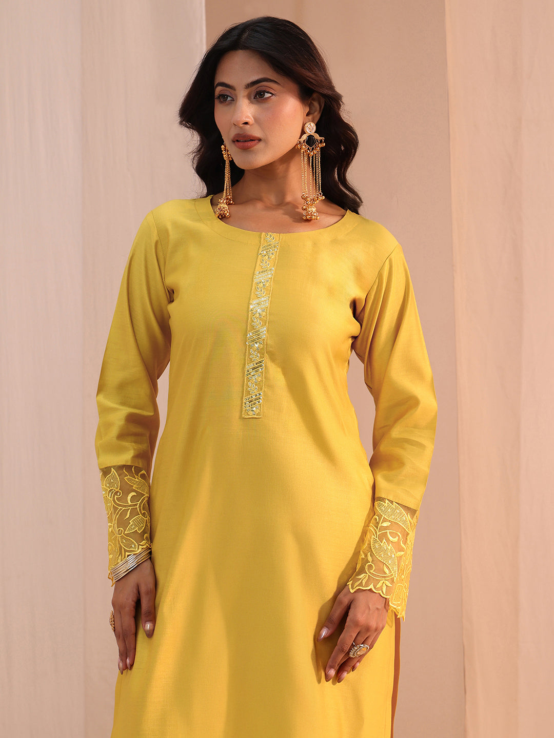 Libas Yellow Solid Silk Blend Straight Suit Set