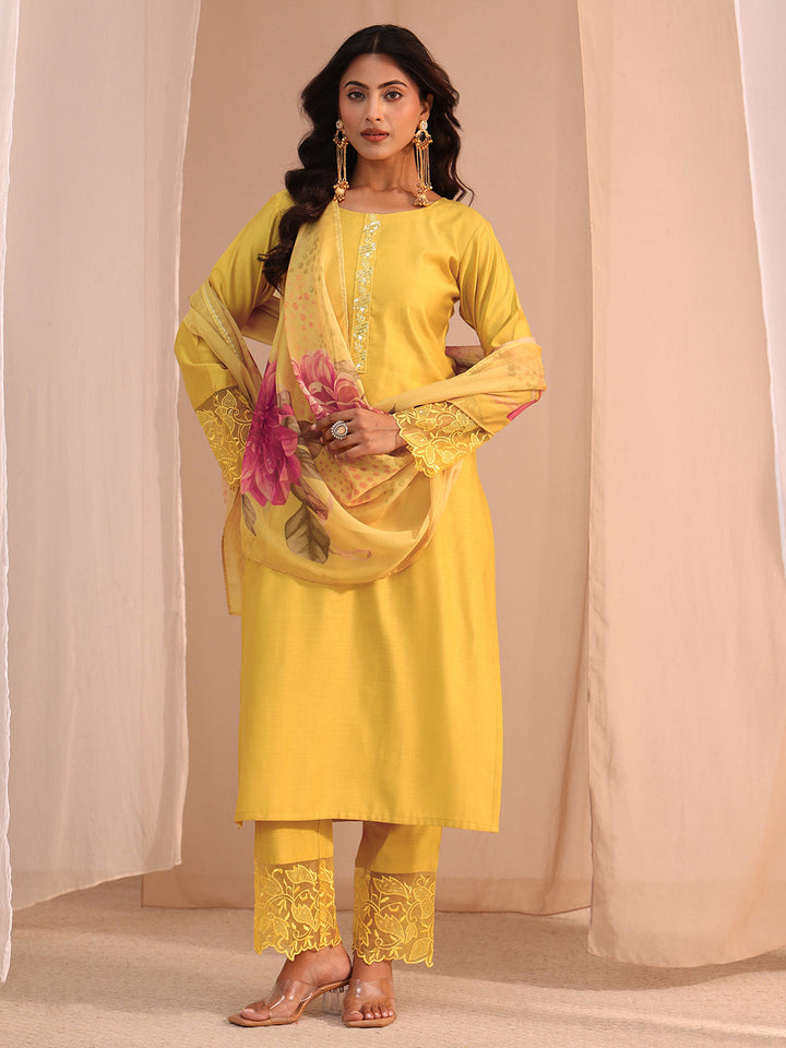Libas Yellow Solid Silk Blend Straight Suit Set