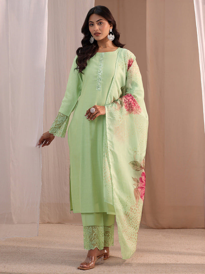 Libas Green Solid Silk Blend Straight Suit Set
