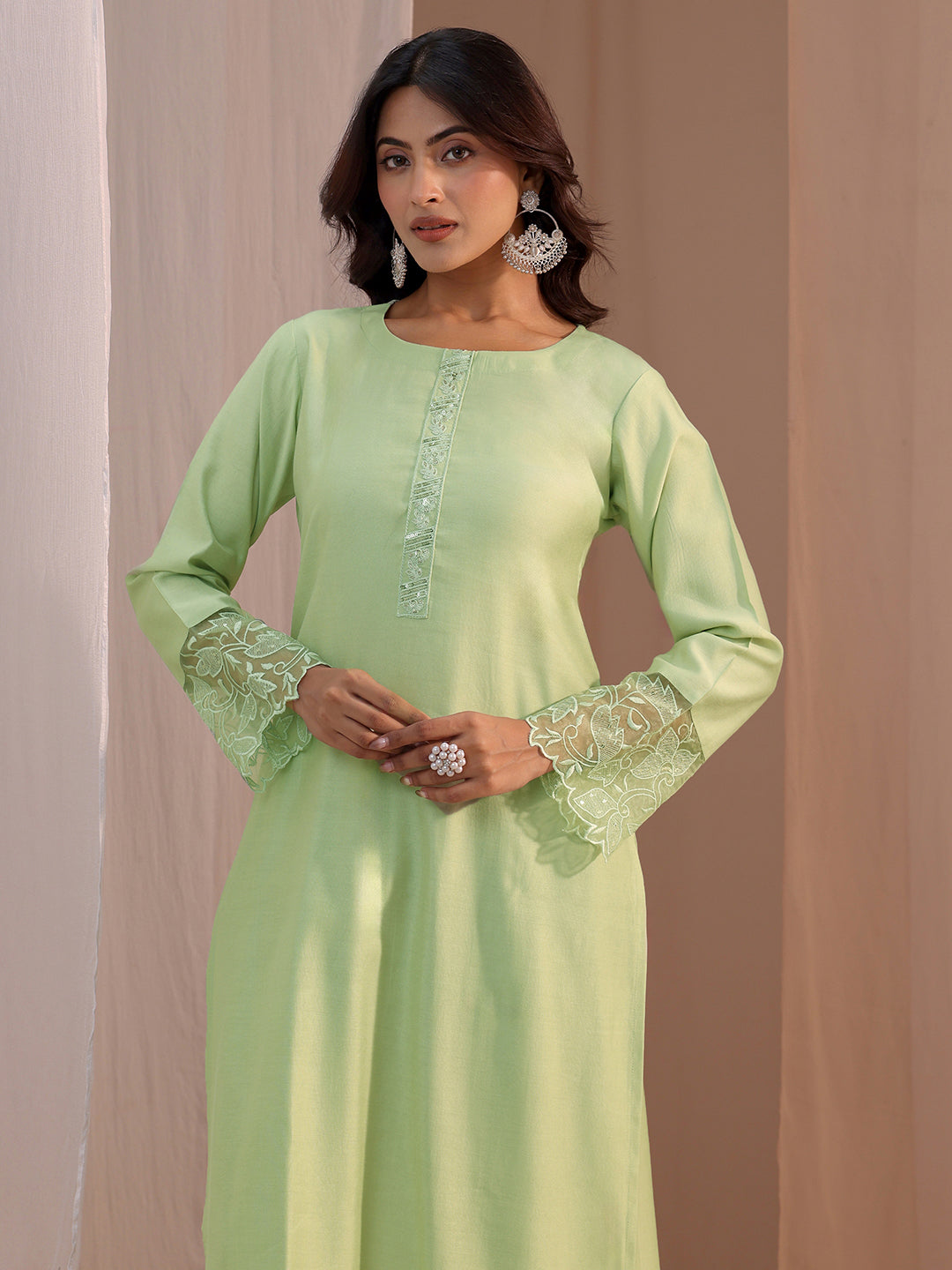 Libas Green Solid Silk Blend Straight Suit Set