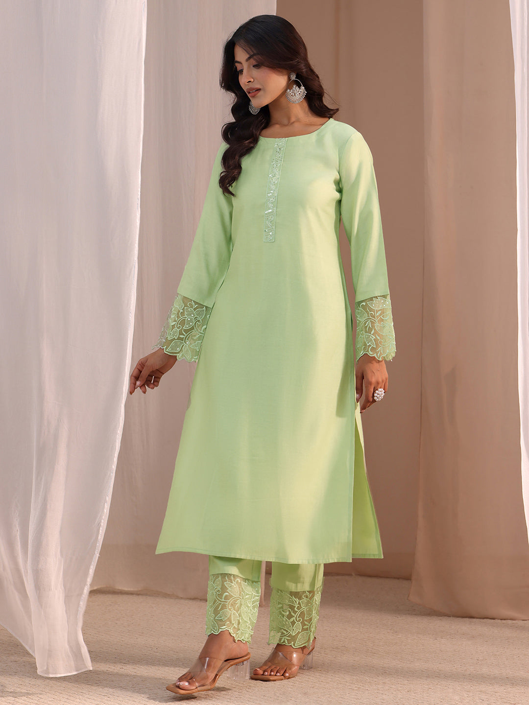 Libas Green Solid Silk Blend Straight Suit Set