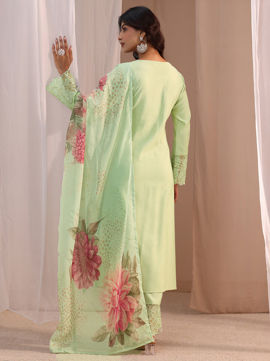 Libas Green Solid Silk Blend Straight Suit Set