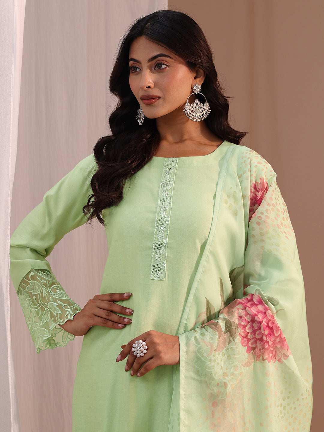 Green Solid Silk Blend Straight Suit Set