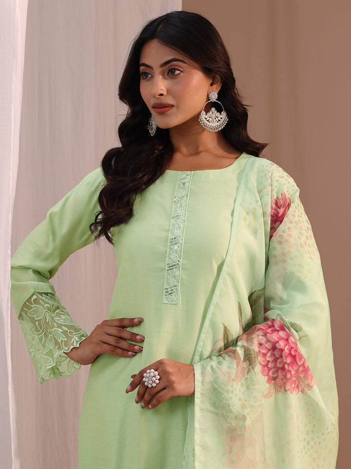 Libas Green Solid Silk Blend Straight Suit Set