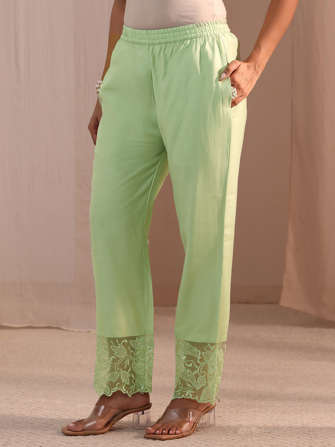 Libas Green Solid Silk Blend Straight Suit Set