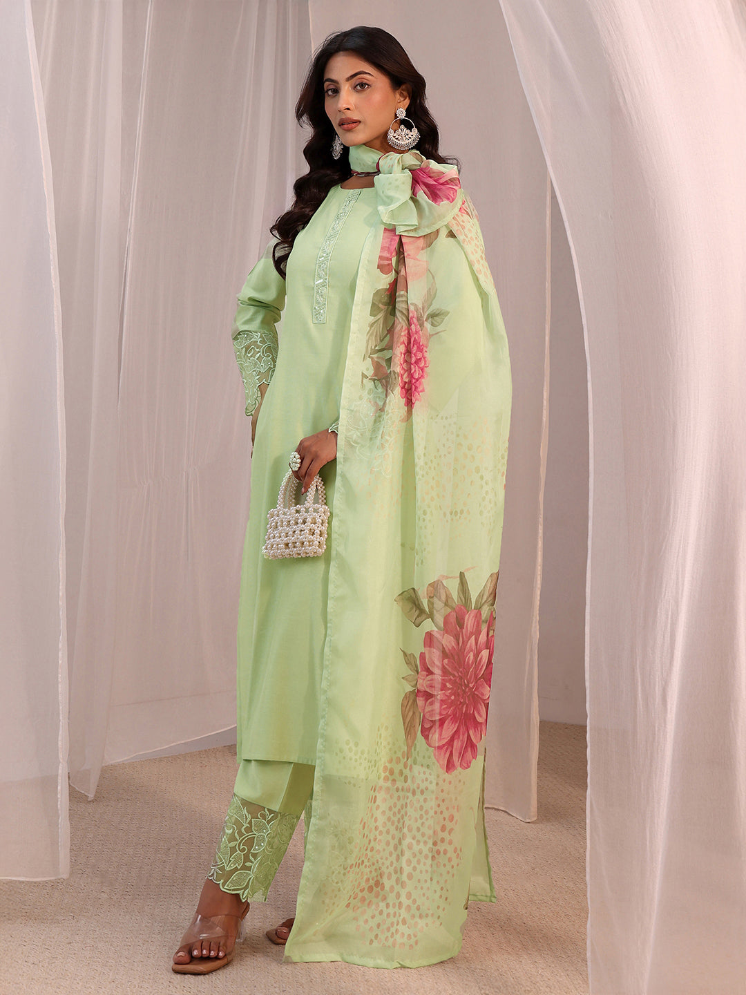 Libas Green Solid Silk Blend Straight Suit Set