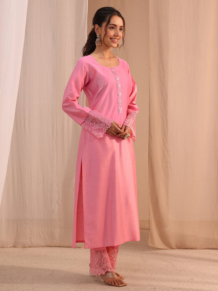 Libas Pink Solid Silk Blend Straight Suit Set