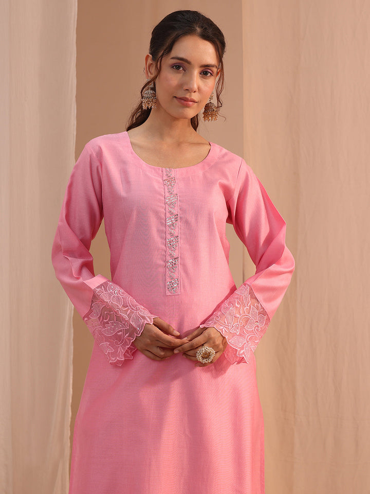 Libas Pink Solid Silk Blend Straight Suit Set