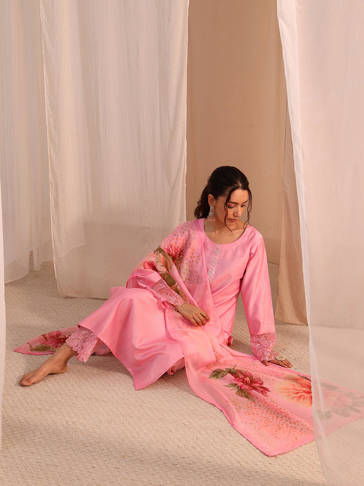 Libas Pink Solid Silk Blend Straight Suit Set